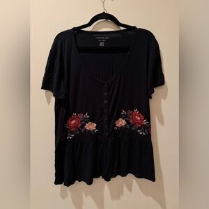 American Eagle Outfitters Soft & Sexy Black Peplum Top with Floral Embroidery